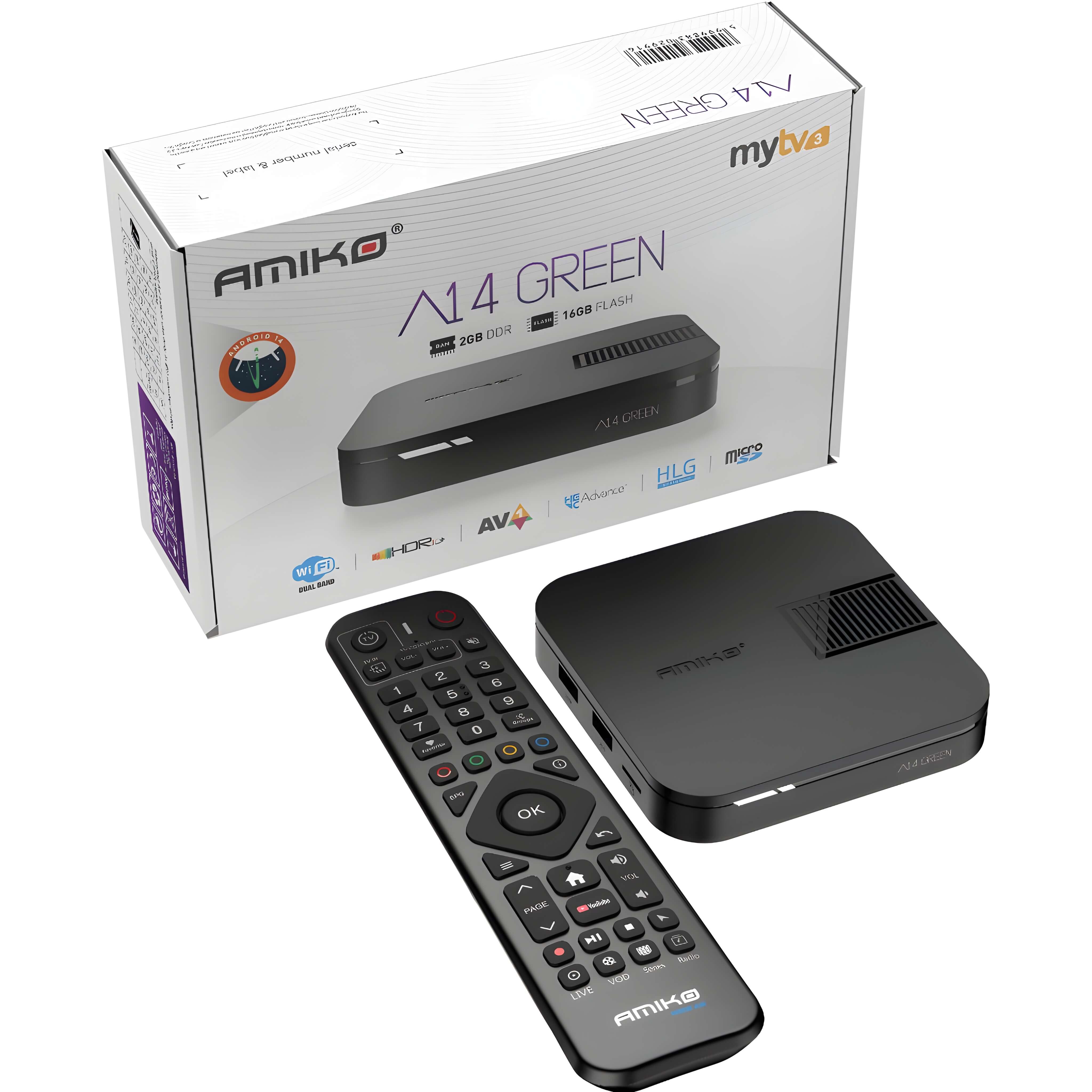 Amiko A14 Green Android 14 OTT 4k Media Streamer