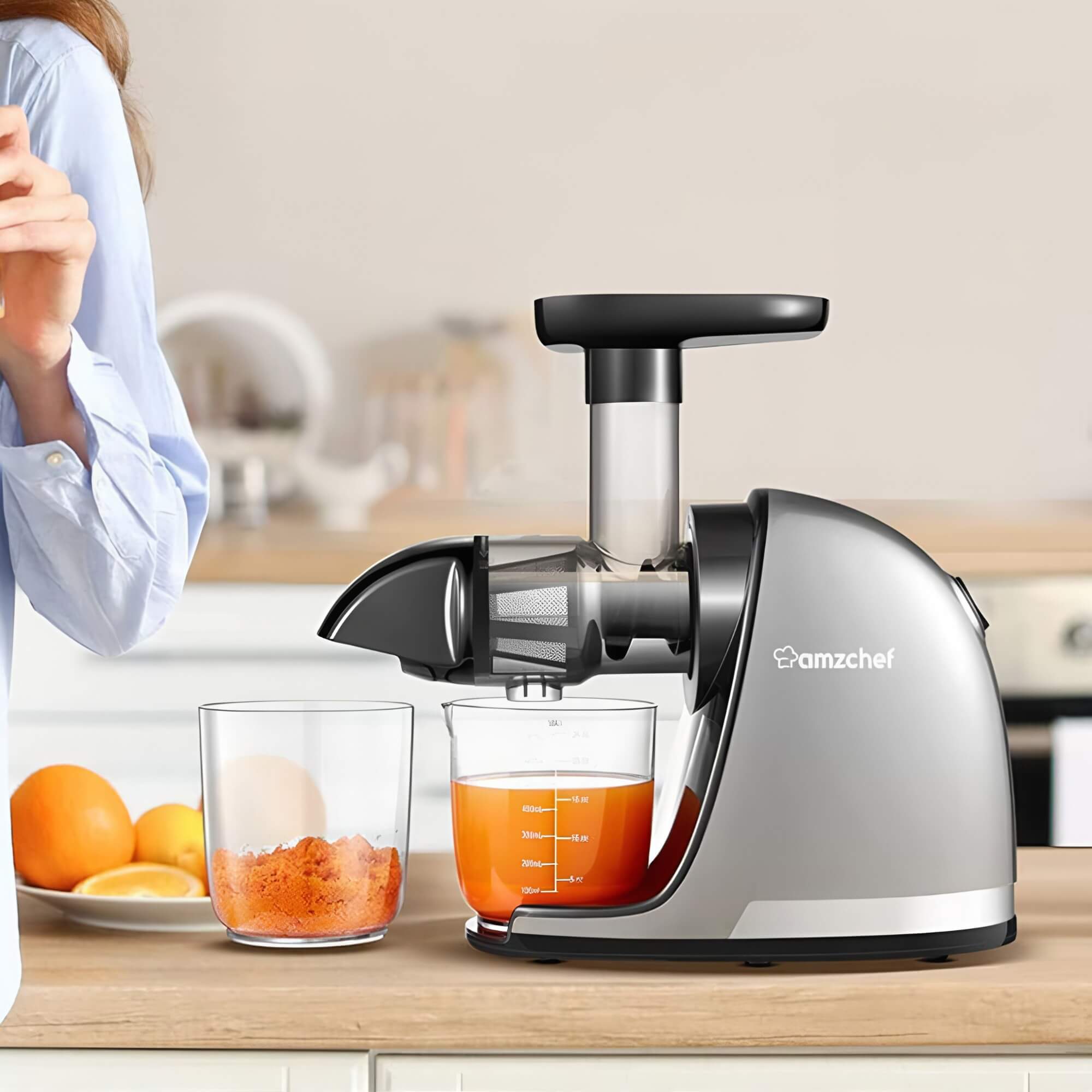 AMZCHEF - Exprimidor Lento De Zumos, Boca Ancha 115mm, Acero Inoxidable, Silencioso Y Fácil De Limpiar - Perfecto Para Frutas Y Verduras